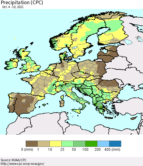 Europe Precipitation (CPC) Thematic Map For 10/4/2021 - 10/10/2021