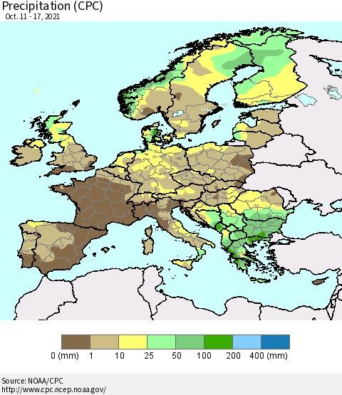 Europe Precipitation (CPC) Thematic Map For 10/11/2021 - 10/17/2021