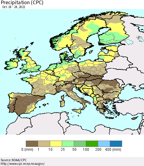 Europe Precipitation (CPC) Thematic Map For 10/18/2021 - 10/24/2021