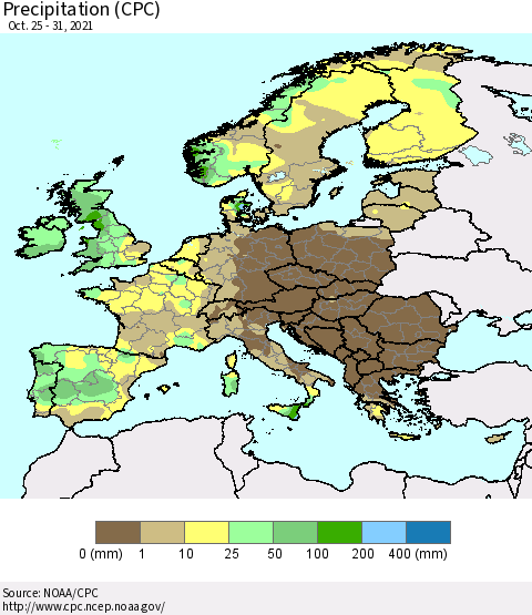 Europe Precipitation (CPC) Thematic Map For 10/25/2021 - 10/31/2021