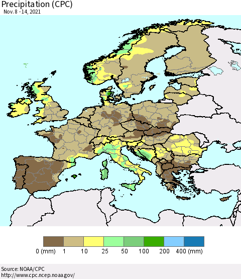 Europe Precipitation (CPC) Thematic Map For 11/8/2021 - 11/14/2021