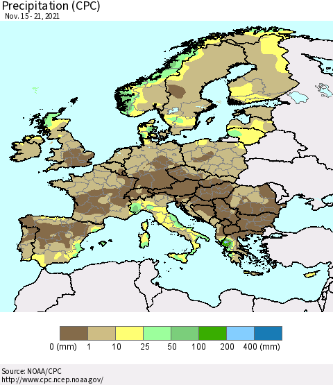 Europe Precipitation (CPC) Thematic Map For 11/15/2021 - 11/21/2021