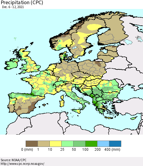 Europe Precipitation (CPC) Thematic Map For 12/6/2021 - 12/12/2021