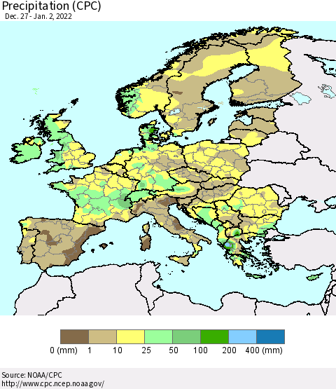 Europe Precipitation (CPC) Thematic Map For 12/27/2021 - 1/2/2022