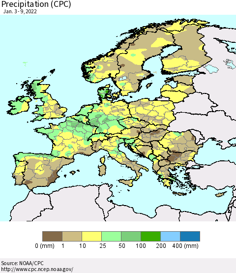 Europe Precipitation (CPC) Thematic Map For 1/3/2022 - 1/9/2022