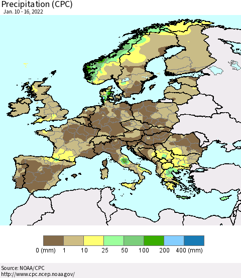 Europe Precipitation (CPC) Thematic Map For 1/10/2022 - 1/16/2022