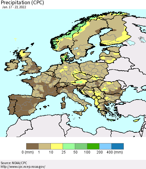 Europe Precipitation (CPC) Thematic Map For 1/17/2022 - 1/23/2022