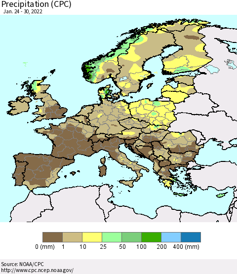 Europe Precipitation (CPC) Thematic Map For 1/24/2022 - 1/30/2022