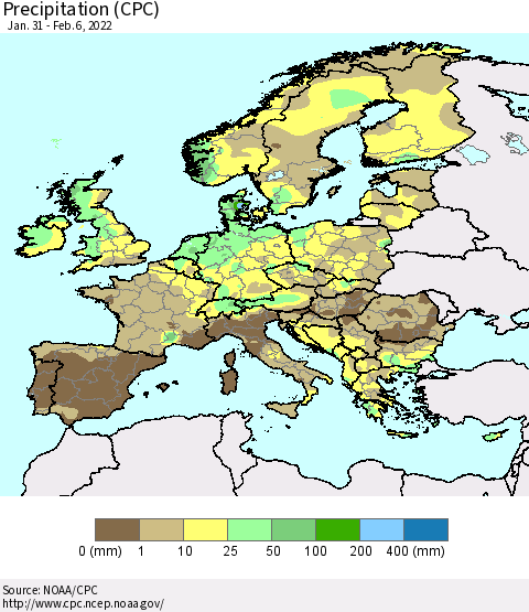 Europe Precipitation (CPC) Thematic Map For 1/31/2022 - 2/6/2022