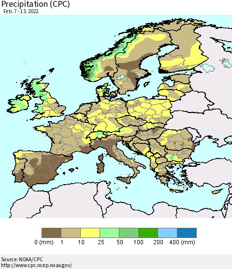 Europe Precipitation (CPC) Thematic Map For 2/7/2022 - 2/13/2022