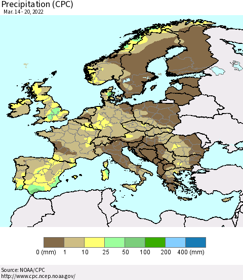 Europe Precipitation (CPC) Thematic Map For 3/14/2022 - 3/20/2022