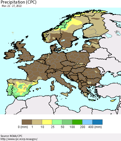 Europe Precipitation (CPC) Thematic Map For 3/21/2022 - 3/27/2022