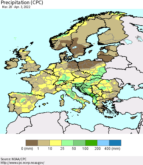 Europe Precipitation (CPC) Thematic Map For 3/28/2022 - 4/3/2022