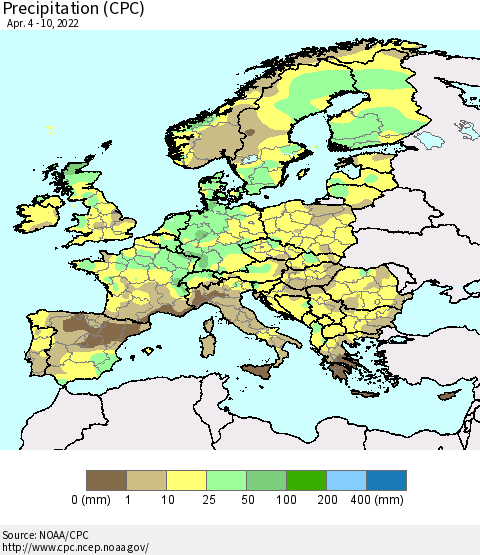 Europe Precipitation (CPC) Thematic Map For 4/4/2022 - 4/10/2022