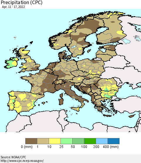 Europe Precipitation (CPC) Thematic Map For 4/11/2022 - 4/17/2022
