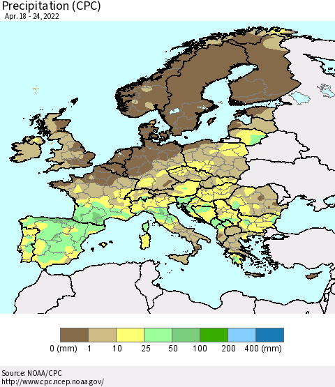 Europe Precipitation (CPC) Thematic Map For 4/18/2022 - 4/24/2022