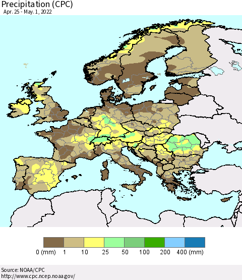 Europe Precipitation (CPC) Thematic Map For 4/25/2022 - 5/1/2022