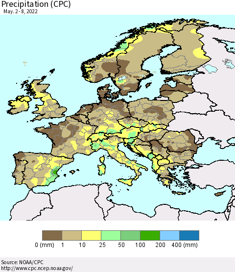 Europe Precipitation (CPC) Thematic Map For 5/2/2022 - 5/8/2022