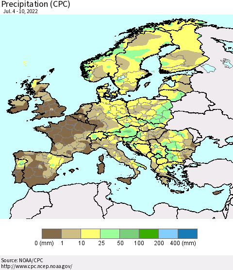 Europe Precipitation (CPC) Thematic Map For 7/4/2022 - 7/10/2022