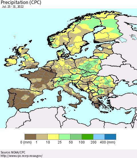 Europe Precipitation (CPC) Thematic Map For 7/25/2022 - 7/31/2022