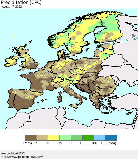 Europe Precipitation (CPC) Thematic Map For 8/1/2022 - 8/7/2022
