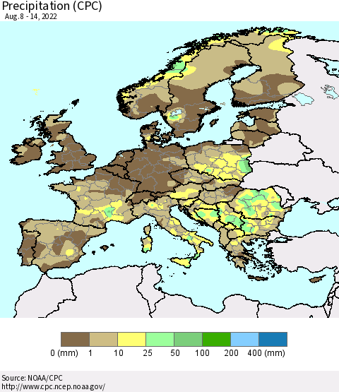 Europe Precipitation (CPC) Thematic Map For 8/8/2022 - 8/14/2022