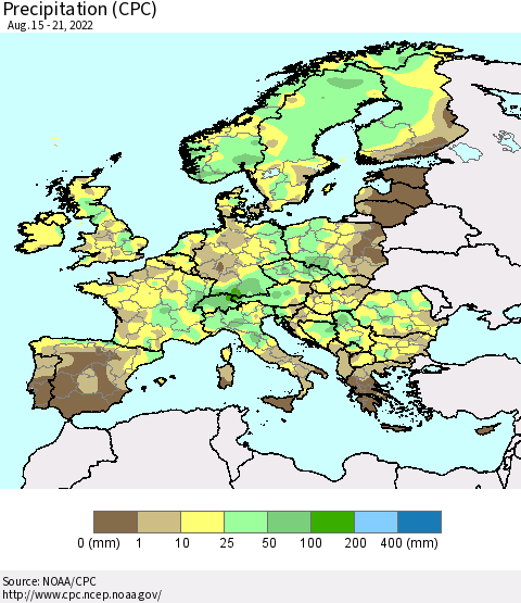 Europe Precipitation (CPC) Thematic Map For 8/15/2022 - 8/21/2022