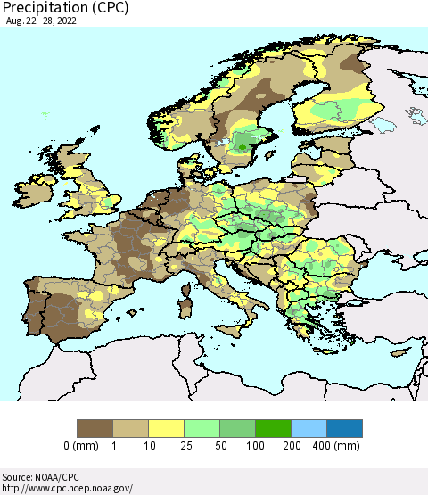 Europe Precipitation (CPC) Thematic Map For 8/22/2022 - 8/28/2022