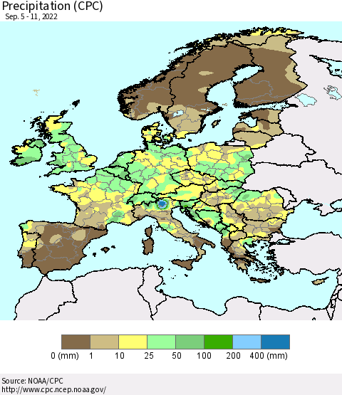 Europe Precipitation (CPC) Thematic Map For 9/5/2022 - 9/11/2022
