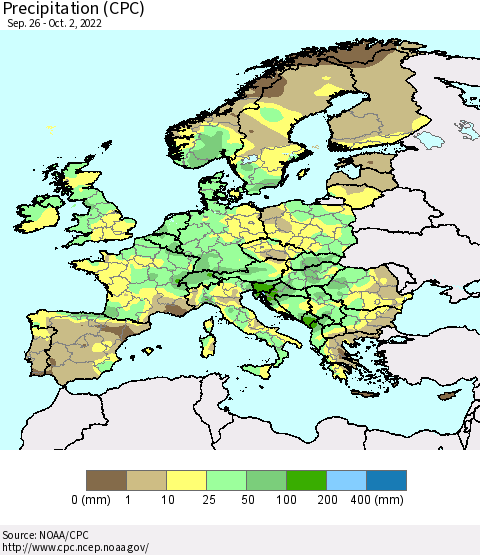 Europe Precipitation (CPC) Thematic Map For 9/26/2022 - 10/2/2022