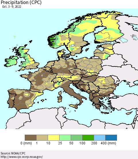Europe Precipitation (CPC) Thematic Map For 10/3/2022 - 10/9/2022