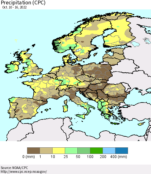 Europe Precipitation (CPC) Thematic Map For 10/10/2022 - 10/16/2022