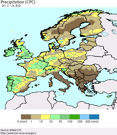 Europe Precipitation (CPC) Thematic Map For 10/17/2022 - 10/23/2022
