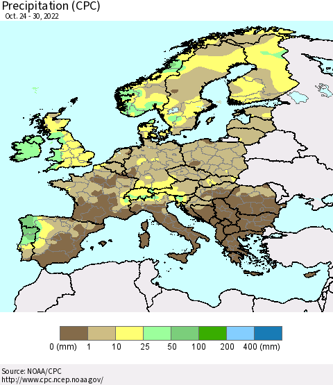Europe Precipitation (CPC) Thematic Map For 10/24/2022 - 10/30/2022