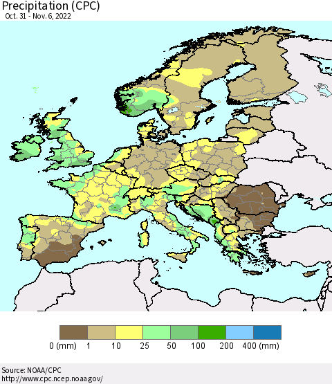 Europe Precipitation (CPC) Thematic Map For 10/31/2022 - 11/6/2022