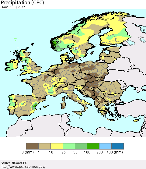 Europe Precipitation (CPC) Thematic Map For 11/7/2022 - 11/13/2022