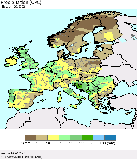Europe Precipitation (CPC) Thematic Map For 11/14/2022 - 11/20/2022