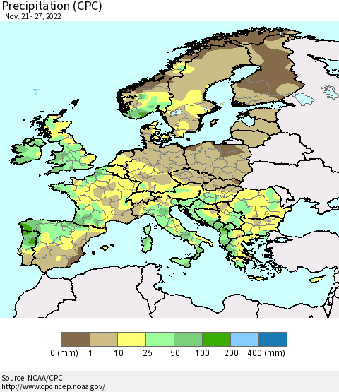 Europe Precipitation (CPC) Thematic Map For 11/21/2022 - 11/27/2022