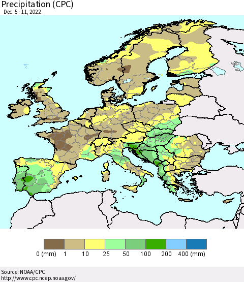Europe Precipitation (CPC) Thematic Map For 12/5/2022 - 12/11/2022