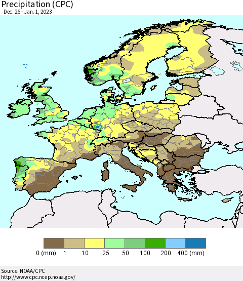 Europe Precipitation (CPC) Thematic Map For 12/26/2022 - 1/1/2023