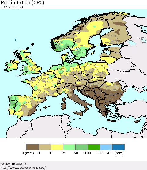 Europe Precipitation (CPC) Thematic Map For 1/2/2023 - 1/8/2023