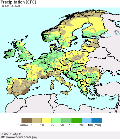 Europe Precipitation (CPC) Thematic Map For 1/9/2023 - 1/15/2023