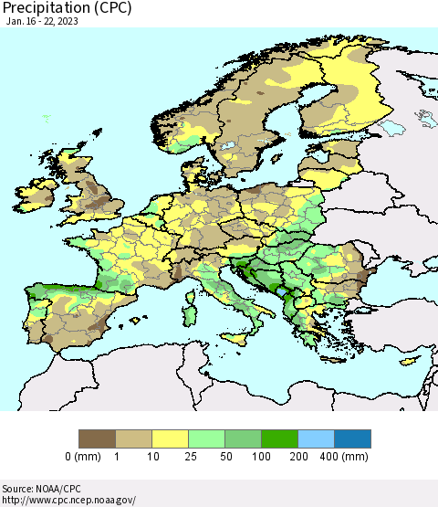 Europe Precipitation (CPC) Thematic Map For 1/16/2023 - 1/22/2023