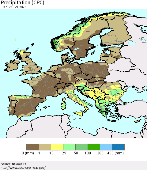 Europe Precipitation (CPC) Thematic Map For 1/23/2023 - 1/29/2023