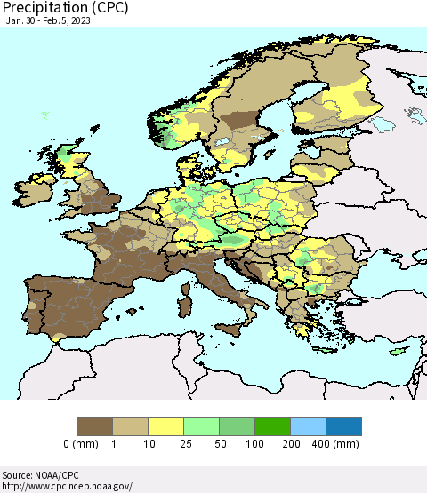 Europe Precipitation (CPC) Thematic Map For 1/30/2023 - 2/5/2023