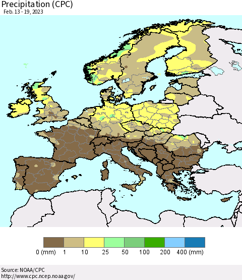 Europe Precipitation (CPC) Thematic Map For 2/13/2023 - 2/19/2023