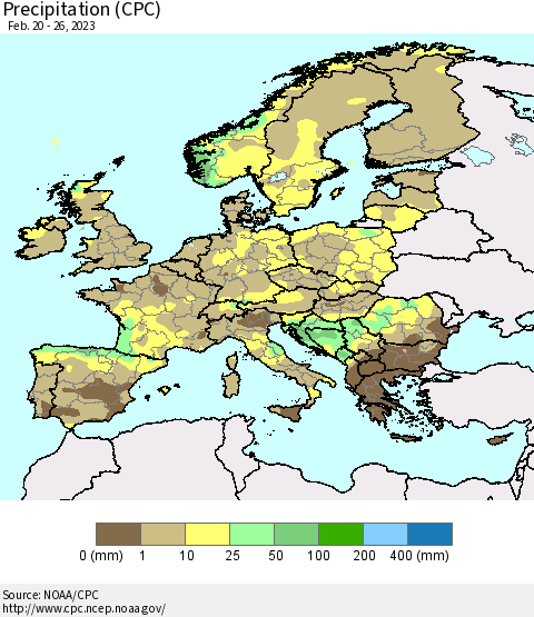 Europe Precipitation (CPC) Thematic Map For 2/20/2023 - 2/26/2023