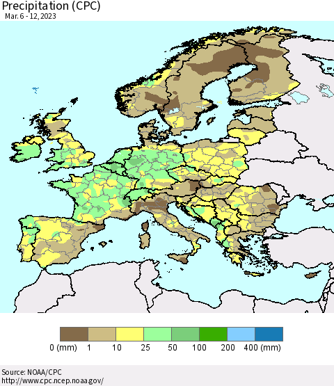 Europe Precipitation (CPC) Thematic Map For 3/6/2023 - 3/12/2023