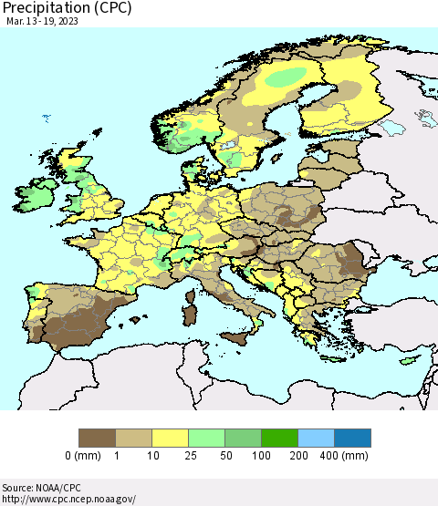 Europe Precipitation (CPC) Thematic Map For 3/13/2023 - 3/19/2023