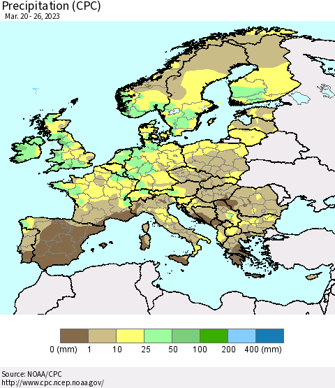 Europe Precipitation (CPC) Thematic Map For 3/20/2023 - 3/26/2023